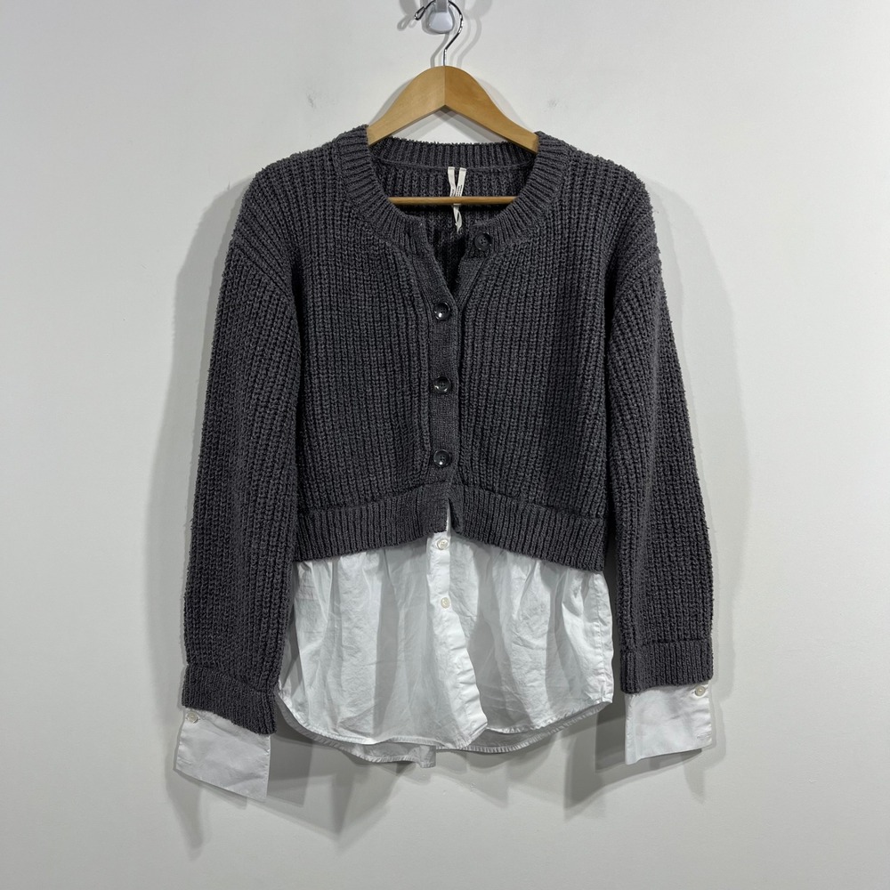 Anthropologie Mixed Media Layered Cardigan Sweater Women Small 2-in-1 Minimalist - Picture 2 of 12